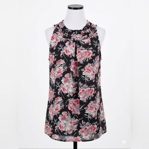 Beautiful Black Floral Sleeveless Ruffle-Neck Tunic by Jaipur